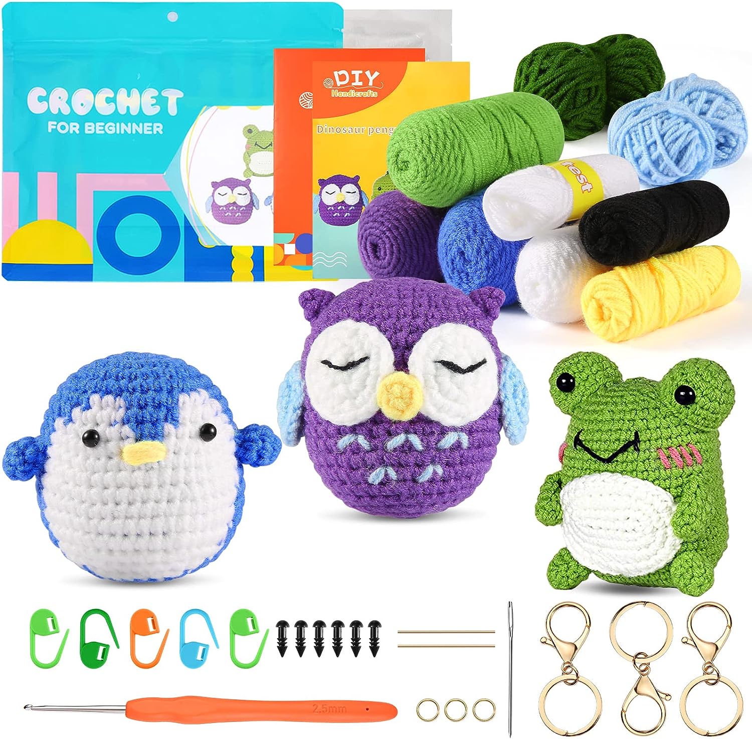 QSHQ Crochet Kit for Beginners, Crochet Starter Kit for Adults and Kids  Complete Knitting Kit to Make 3 PCS Animals, Learn to Crochet with  Step-by-Step Instruction and Video (Penguin+Frog+Owl) 